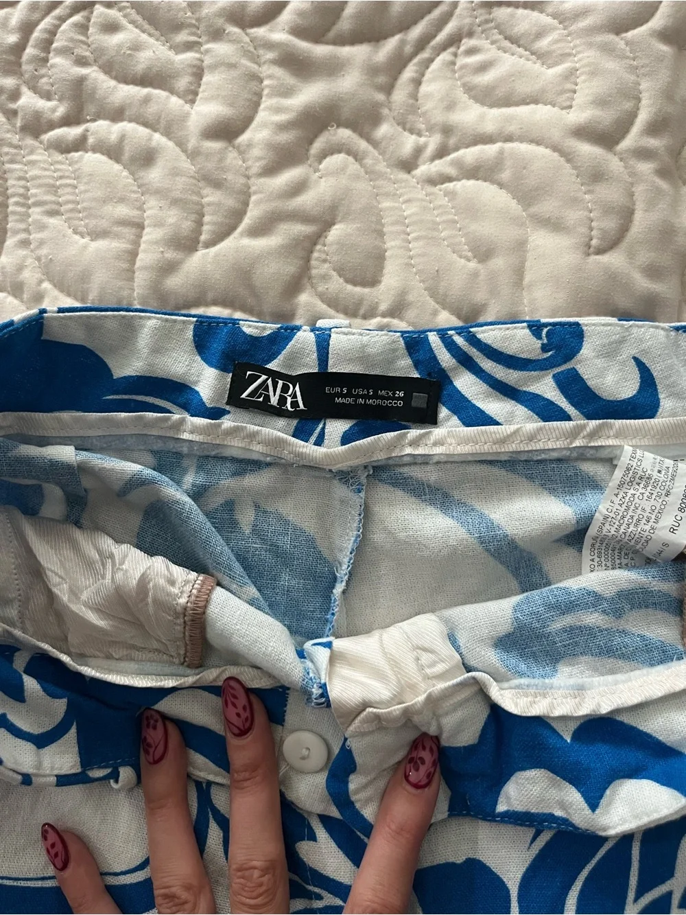 Zara Linen Blend Blue Floral Wide-Leg Women's Pants Size Small